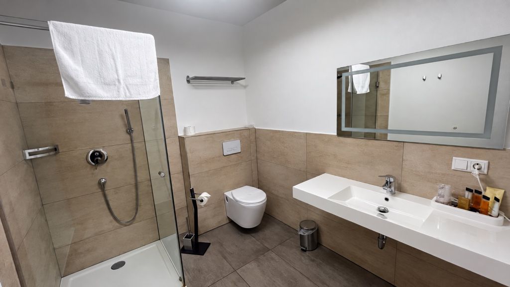 Badezimmer mit Dusche, Waschtisch und Spiegel